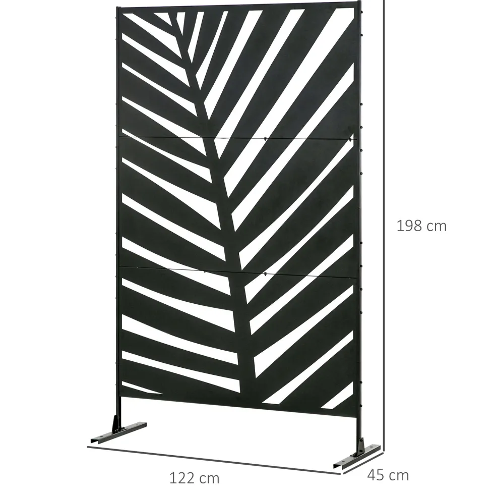 Dekorativ avdelare för trädgård/balkong utomhus med växtmotiv, tillverkad av stål, 122 x 45 x 198 cm, svart