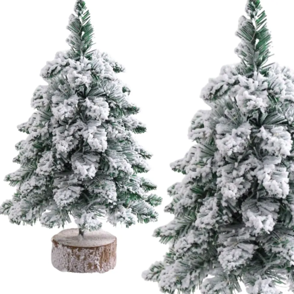 Dekorativ julgran 60 cm med snöeffekt och trästam, smal modell