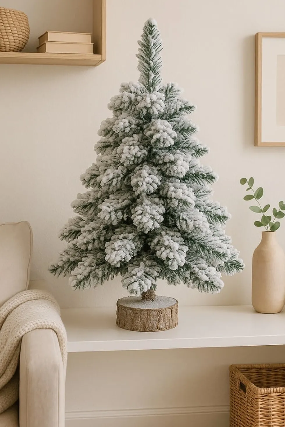 Dekorativ julgran 60 cm med snöeffekt och trästam, smal modell