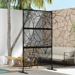 Dekorativ skärm för utomhusbruk, svart med växtmotiv, tillverkad av metall - 122 x 45 x 198 cm, svart