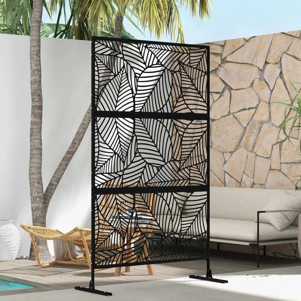 Dekorativ skärm för utomhusbruk, svart med växtmotiv, tillverkad av metall - 122 x 45 x 198 cm, svart