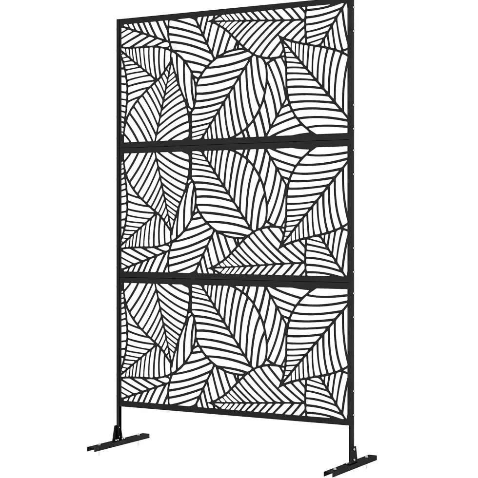 Dekorativ skärm för utomhusbruk, svart med växtmotiv, tillverkad av metall - 122 x 45 x 198 cm, svart