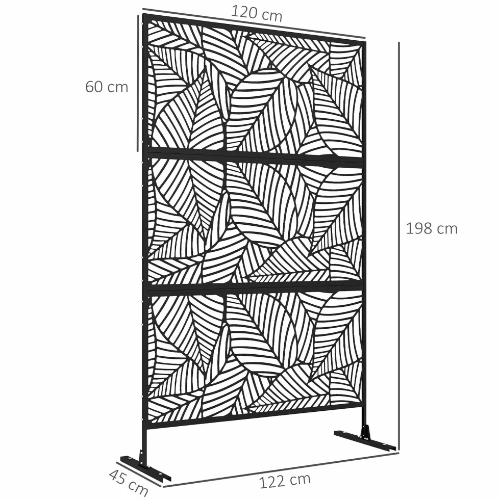 Dekorativ skärm för utomhusbruk, svart med växtmotiv, tillverkad av metall - 122 x 45 x 198 cm, svart