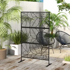 Dekorativ skärm för utomhusbruk, svart med växtmotiv, tillverkad av metall - 122 x 45 x 198 cm, svart