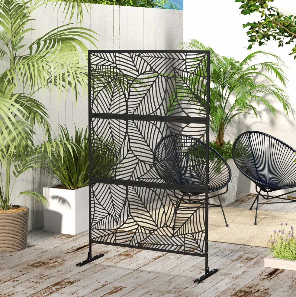 Dekorativ skärm för utomhusbruk, svart med växtmotiv, tillverkad av metall - 122 x 45 x 198 cm, svart