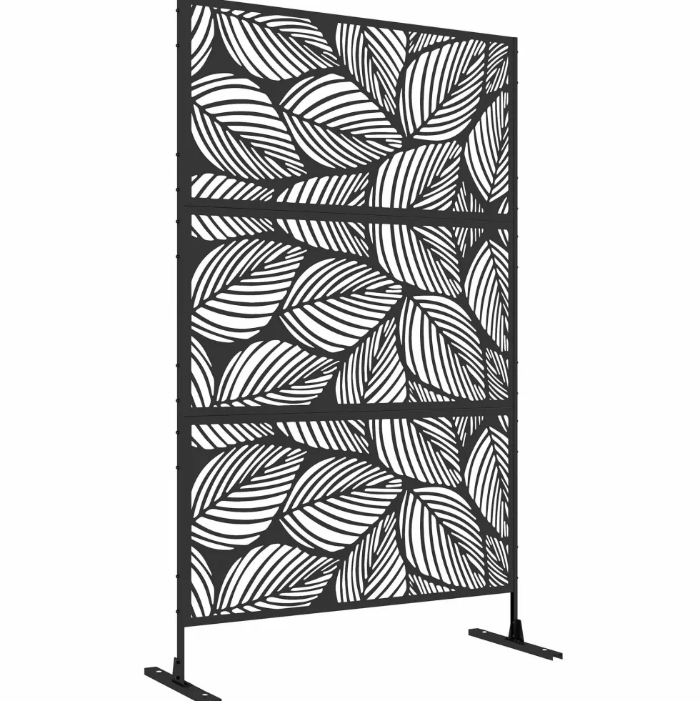 Dekorativ skärm för utomhusbruk, svart med växtmotiv, tillverkad av stål - 122 x 45 x 198 cm, svart