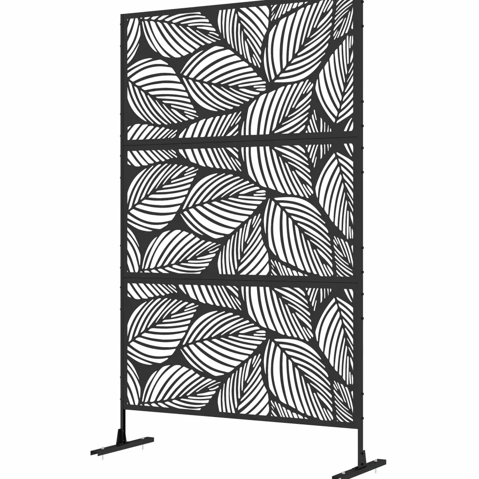 Dekorativ skärm för utomhusbruk, svart med växtmotiv, tillverkad av stål - 122 x 45 x 198 cm, svart