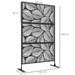 Dekorativ skärm för utomhusbruk, svart med växtmotiv, tillverkad av stål - 122 x 45 x 198 cm, svart
