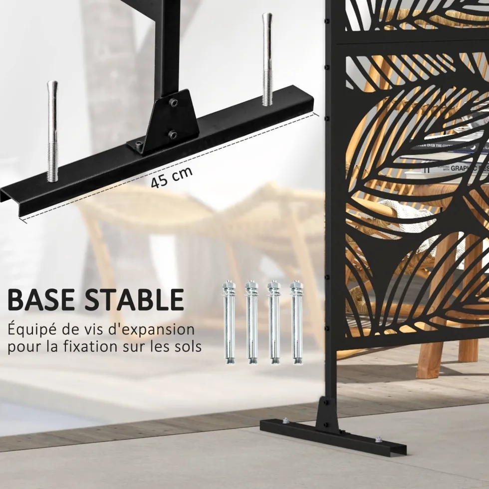Dekorativ skärm för utomhusbruk, svart med växtmotiv, tillverkad av stål - 122 x 45 x 198 cm, svart