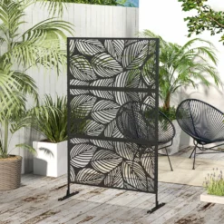 Dekorativ skärm för utomhusbruk, svart med växtmotiv, tillverkad av stål - 122 x 45 x 198 cm, svart
