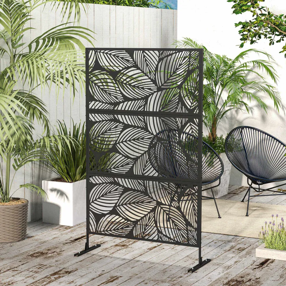 Dekorativ skärm för utomhusbruk, svart med växtmotiv, tillverkad av stål - 122 x 45 x 198 cm, svart