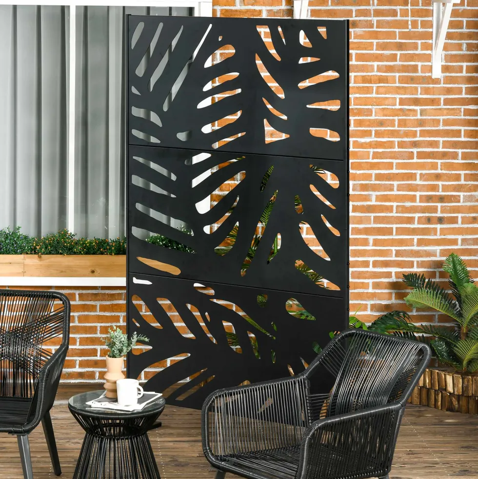 Dekorativt skärmskydd i svart metall för utomhusbruk med växtmotiv - 122 x 45 x 198 cm