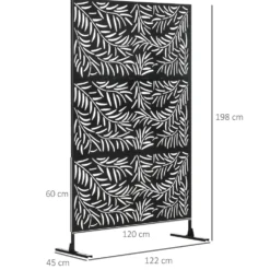 Dekorativ utomhuspanel/skärm av stål med utskurna motiv av pilgrenar, 122 x 45 x 198 cm, svart
