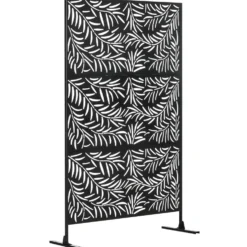 Dekorativ utomhuspanel/skärm av stål med utskurna motiv av pilgrenar, 122 x 45 x 198 cm, svart