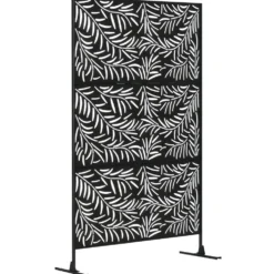 Dekorativ utomhuspanel/skärm av stål med utskurna motiv av pilgrenar, 122 x 45 x 198 cm, svart
