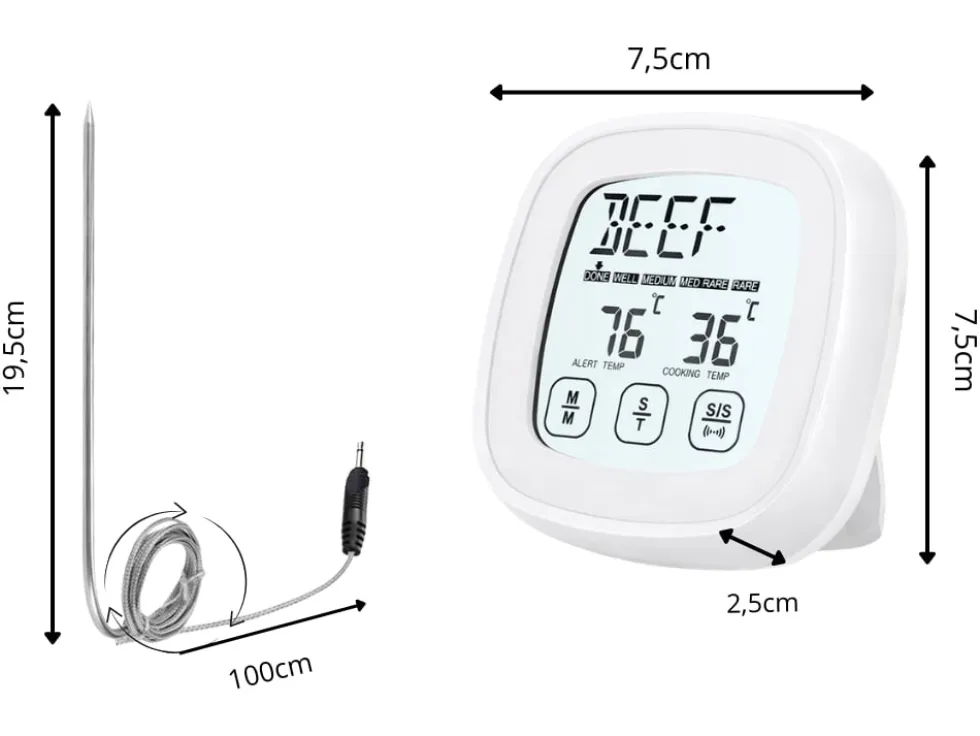 Digital stektermometer med touchscreen och probe 120 cm vit