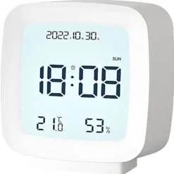 Digital väckarklocka LCD med datum temp luftfuktighet vit 8x8,5 cm