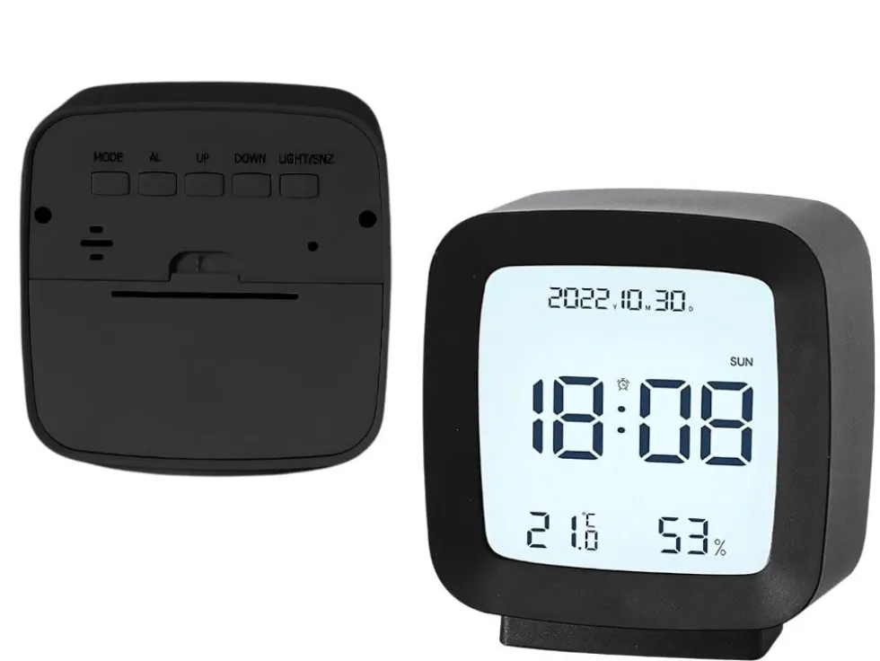Digital väckarklocka LCD med datum, temperatur & luftfuktighet svart
