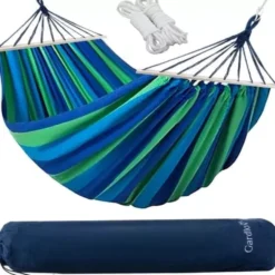 Dubbelhängmatta med träkors 150 kg 260x160 cm blå/grön