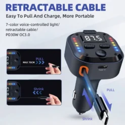 Dubbel Type-C FM-sändare & snabbladdare för bil – Bluetooth 5.3, PD 30 W + QC 3.0, RGB-ljus & Inbyggd Kabel