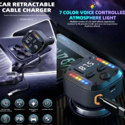 Dubbel Type-C FM-sändare & snabbladdare för bil – Bluetooth 5.3, PD 30 W + QC 3.0, RGB-ljus & Inbyggd Kabel