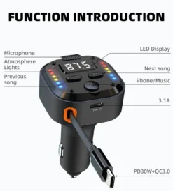 Dubbel Type-C FM-sändare & snabbladdare för bil – Bluetooth 5.3, PD 30 W + QC 3.0, RGB-ljus & Inbyggd Kabel