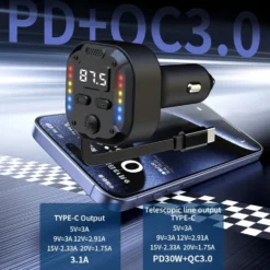 Dubbel Type-C FM-sändare & snabbladdare för bil – Bluetooth 5.3, PD 30 W + QC 3.0, RGB-ljus & Inbyggd Kabel