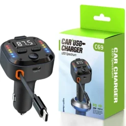 Dubbel Type-C FM-sändare & snabbladdare för bil – Bluetooth 5.3, PD 30 W + QC 3.0, RGB-ljus & Inbyggd Kabel