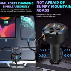 Dubbel Type-C FM-sändare & snabbladdare för bil – Bluetooth 5.3, PD 30 W + QC 3.0, RGB-ljus & Inbyggd Kabel