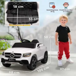 Elbil för barn, 12V barnbil med fjärrkontroll, LED-lampor, musik, 3 hastigheter, 3-6 år, vit