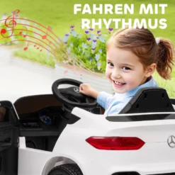 Elbil för barn, 12V barnbil med fjärrkontroll, LED-lampor, musik, 3 hastigheter, 3-6 år, vit