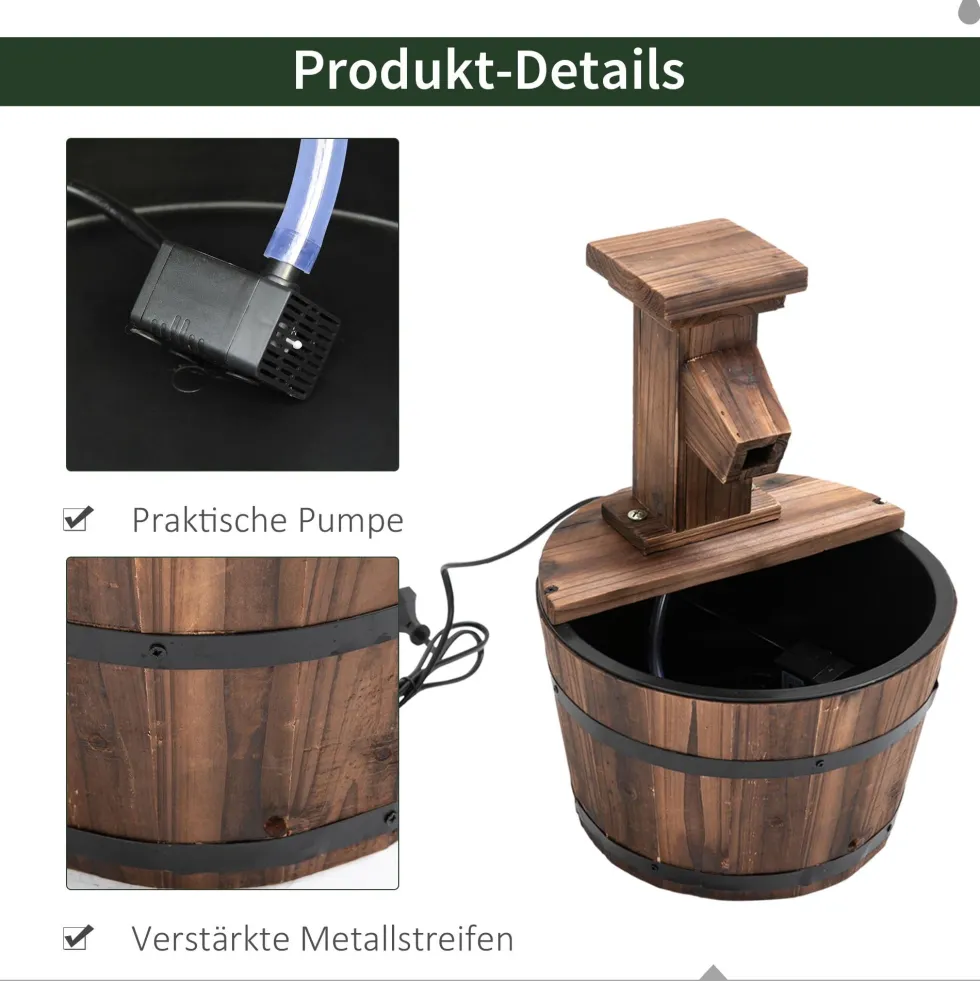 Elektrisk trädgårdsfontän med träpump för inomhusbruk, vattenfunktion Ø27x37cm