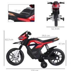 Elmotorcykel för barn, leksaksmotorcykel för barn 3+ år, 6V-batteri, med ljus och musik, 105x52,3x62,3cm, röd