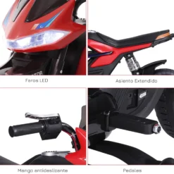 Elmotorcykel för barn, leksaksmotorcykel för barn 3+ år, 6V-batteri, med ljus och musik, 105x52,3x62,3cm, röd