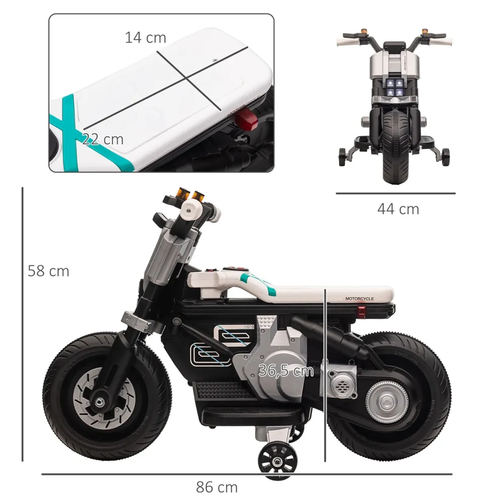 Elmotorcykel för barn med strålkastare, musik, tuta, hastighet 3 km/h för barn i åldrarna 3-5, 86x44x58cm, svart och vit
