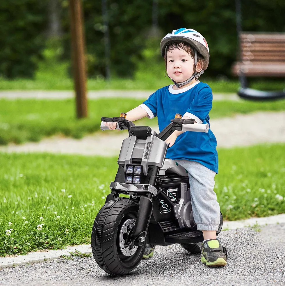 Elmotorcykel för barn med strålkastare, musik, tuta, hastighet 3 km/h för barn i åldrarna 3-5, 86x44x58cm, svart och vit