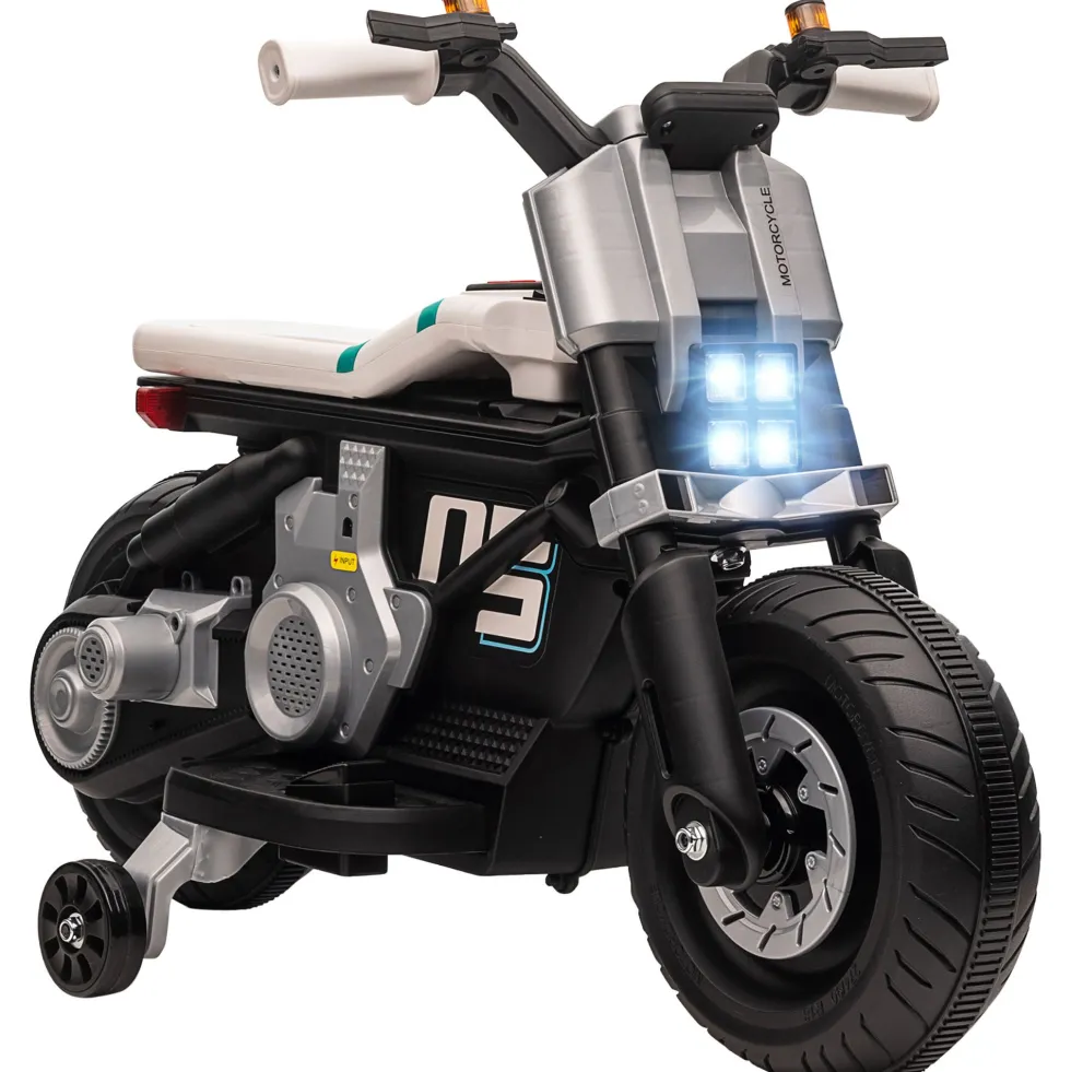 Elmotorcykel för barn med strålkastare, musik, tuta, hastighet 3 km/h för barn i åldrarna 3-5, 86x44x58cm, svart och vit