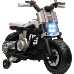 Elmotorcykel för barn med strålkastare, musik, tuta, hastighet 3 km/h för barn i åldrarna 3-5, 86x44x58cm, svart och vit