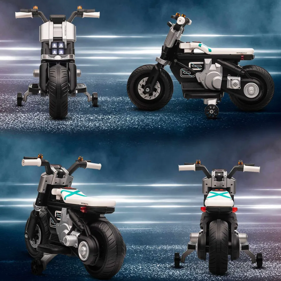 Elmotorcykel för barn med strålkastare, musik, tuta, hastighet 3 km/h för barn i åldrarna 3-5, 86x44x58cm, svart och vit
