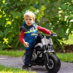 Elmotorcykel för barn med strålkastare, musik, tuta, hastighet 3 km/h för barn i åldrarna 3-5, 86x44x58cm, svart och vit