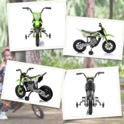 Elmotorcykel för barn 3+ år med 12V-batteri, musik och hjälphjul, 30 kg lastkapacitet, grön