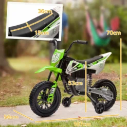 Elmotorcykel för barn 3+ år med 12V-batteri, musik och hjälphjul, 30 kg lastkapacitet, grön