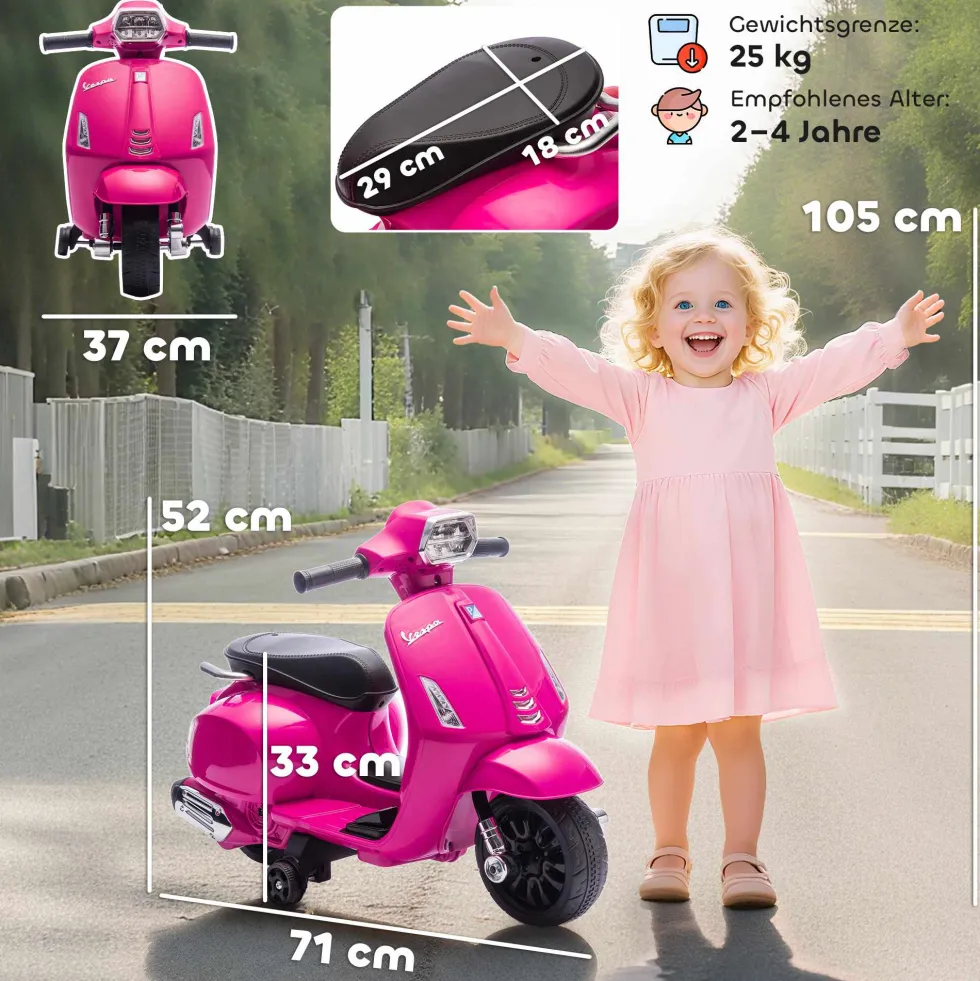 Elmotorcykel för barn Vespa 6V Elmotorcykel med stödhjul, strålkastare, signalhorn för 2-4 år 71 x 37 x 52 cm rosa