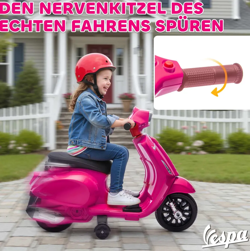 Elmotorcykel för barn Vespa 6V Elmotorcykel med stödhjul, strålkastare, signalhorn för 2-4 år 71 x 37 x 52 cm rosa