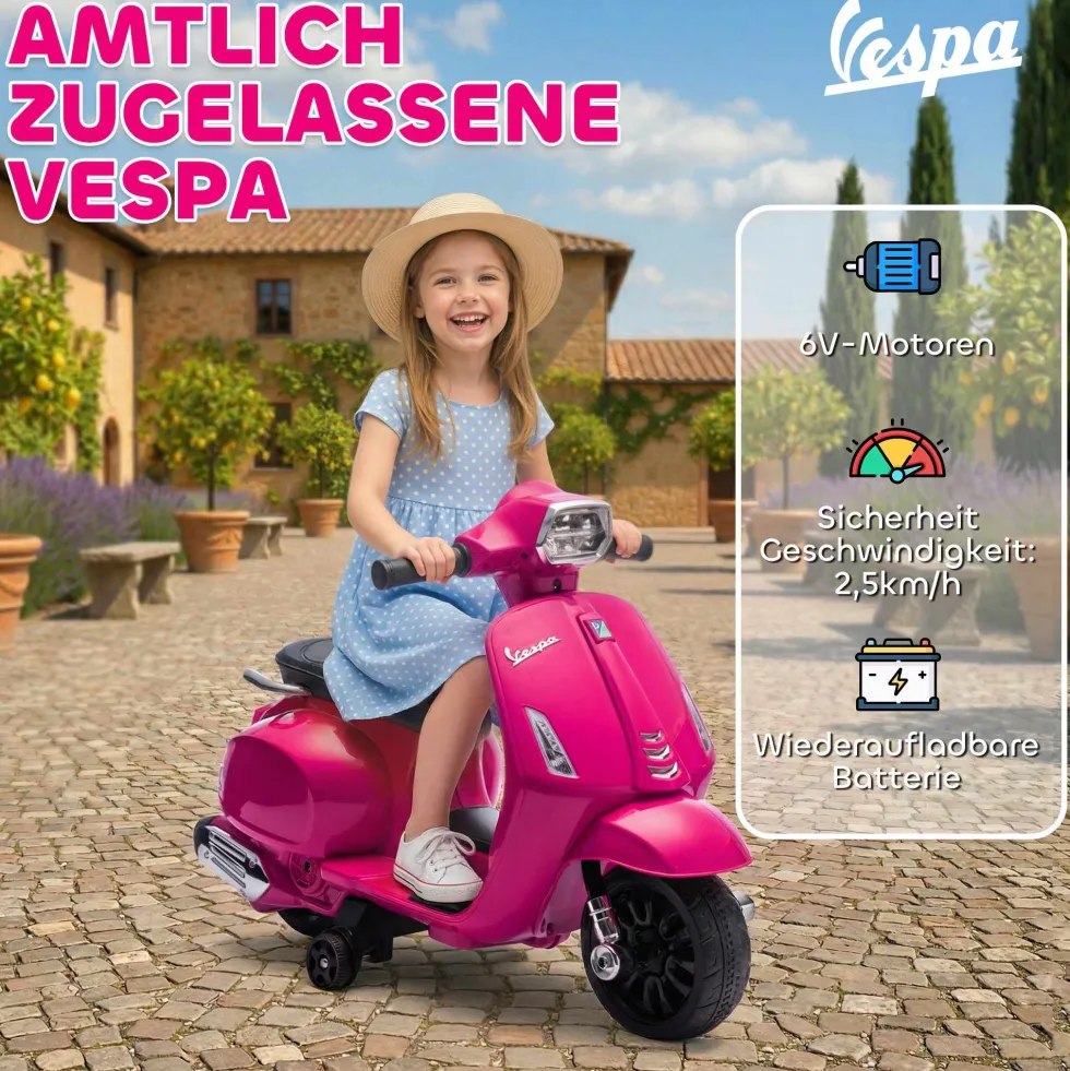 Elmotorcykel för barn Vespa 6V Elmotorcykel med stödhjul, strålkastare, signalhorn för 2-4 år 71 x 37 x 52 cm rosa