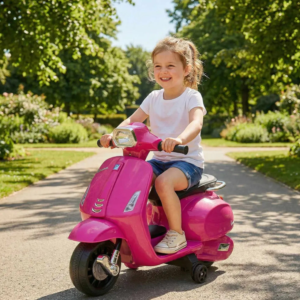 Elmotorcykel för barn Vespa 6V Elmotorcykel med stödhjul, strålkastare, signalhorn för 2-4 år 71 x 37 x 52 cm rosa