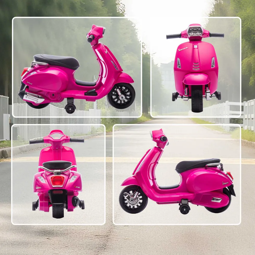 Elmotorcykel för barn Vespa 6V Elmotorcykel med stödhjul, strålkastare, signalhorn för 2-4 år 71 x 37 x 52 cm rosa