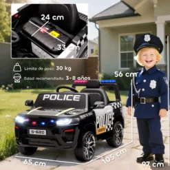 Elpolisbil för barn med fjärrkontroll, dubbelmotor, siren, fyrhjulsfjädring och strålkastare - svart