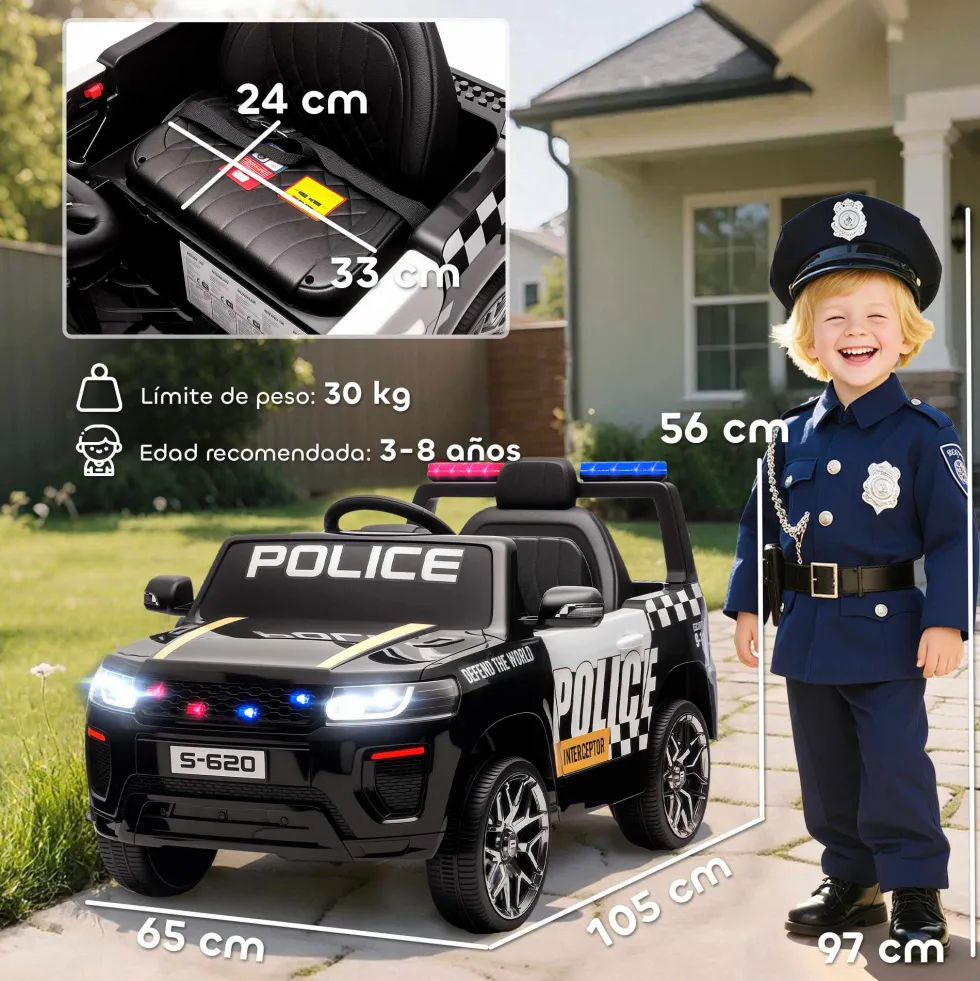 Elpolisbil för barn med fjärrkontroll, dubbelmotor, siren, fyrhjulsfjädring och strålkastare - svart