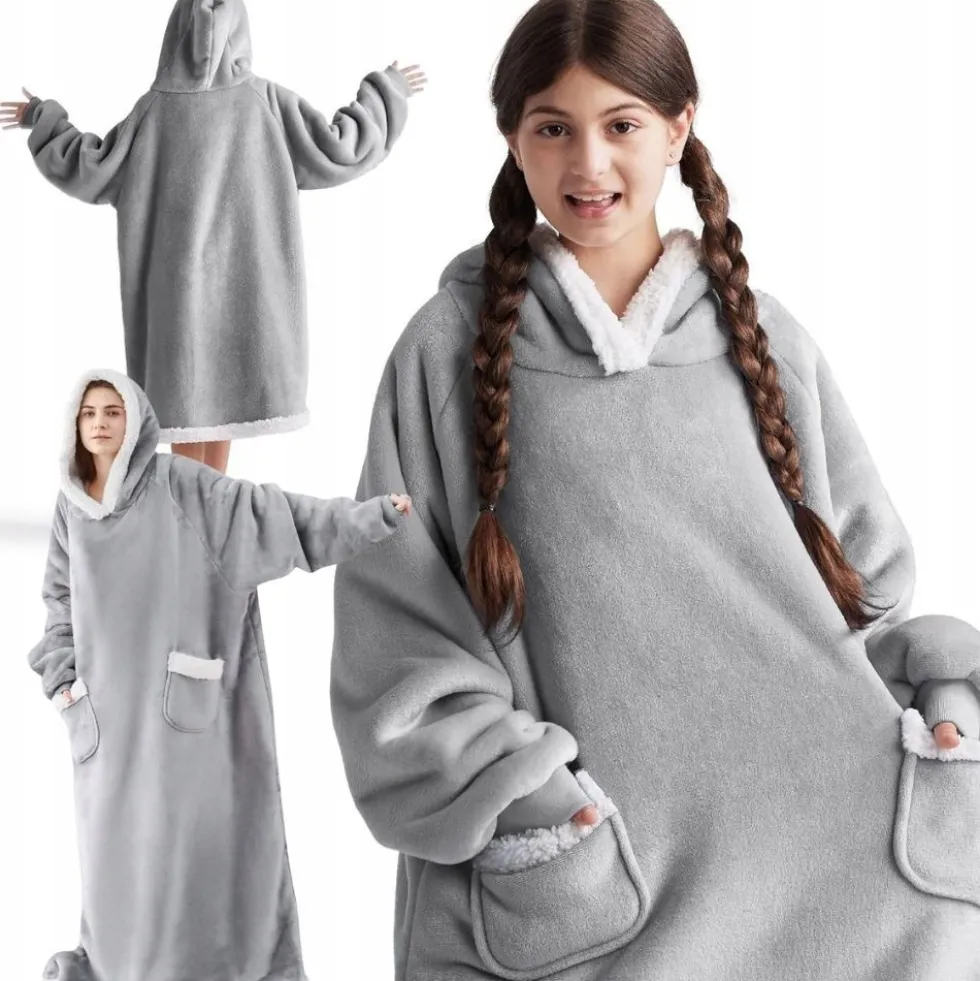 Extra stor och mjuk filttröja – varm hoodie-filt med huva, fickor och universell XXL-passform, grå